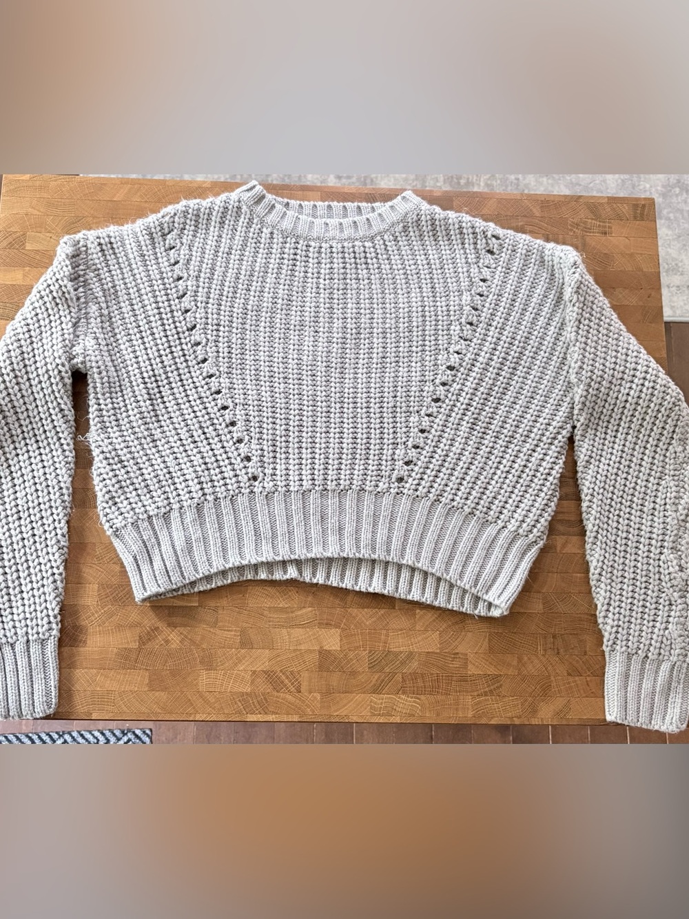 Harlow Cropped Knit Crewneck Sweater in Light Gray, women’s small